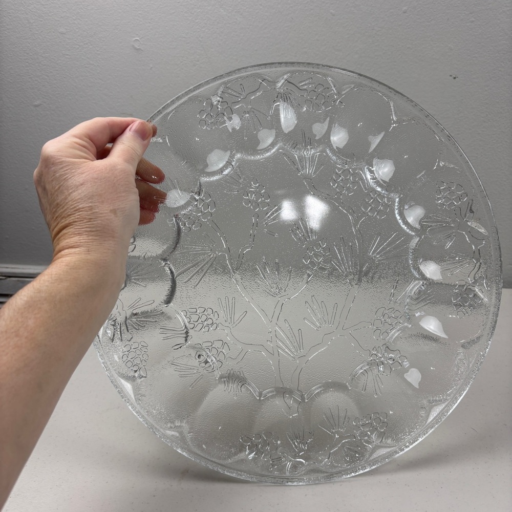 Glass deviled egg tray/serving platter, Easter, clear, floral, heavyweight